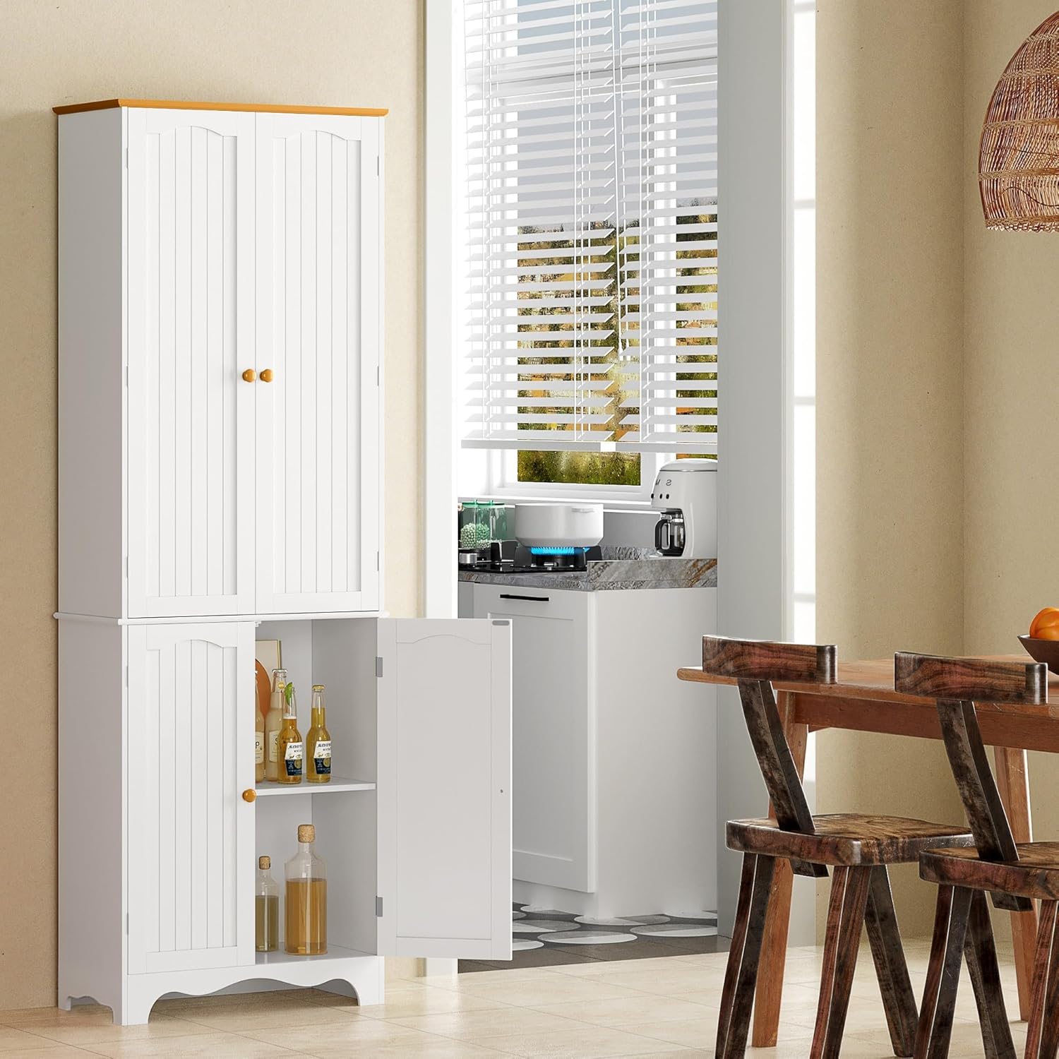 Tall Pantry Cabinet, Freestanding Storage Cabinet, Wooden Kitchen Pantry with 4 Doors and 5 Shelves, 72" Floor Cabinet Organizer wourant