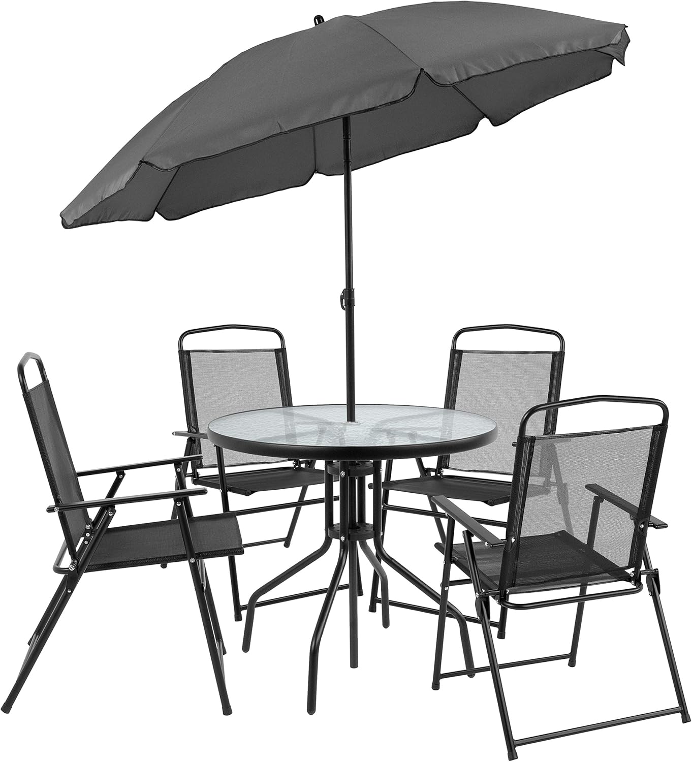 EMMA + OLIVER 6 Piece Brown Patio Garden Set with Umbrella Table and Set of 4 Folding Chairs wourant