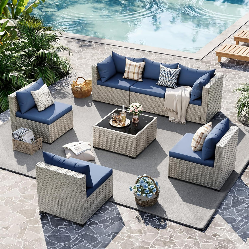 UDPATIO Outdoor Patio Furniture Set, 7-Piece PE Wicker Sectional Sofa with Tea Table, Outdoor Conversation Set for Patio, Garden, Backyard Green wourant