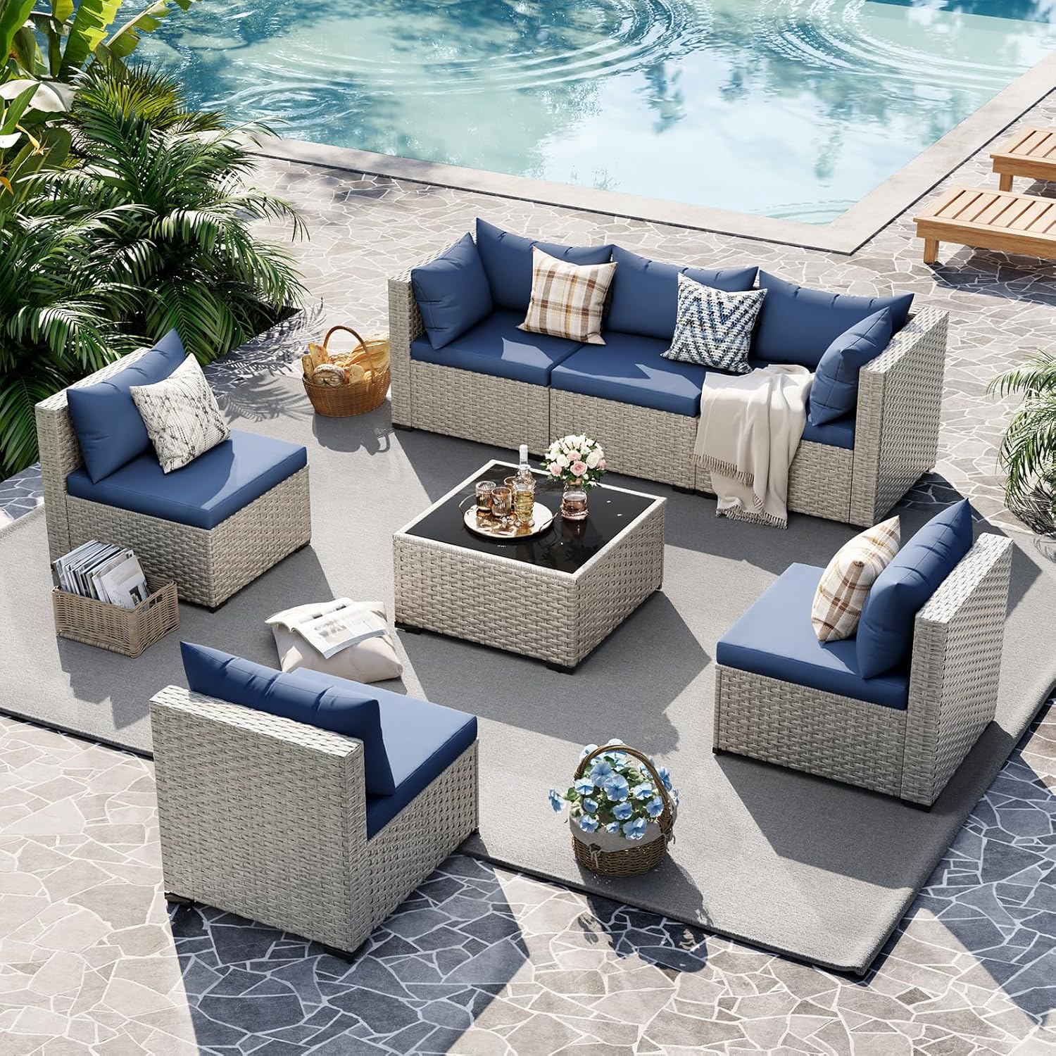 UDPATIO Outdoor Patio Furniture Set, 7-Piece PE Wicker Sectional Sofa with Tea Table, Outdoor Conversation Set for Patio, Garden, Backyard Green wourant