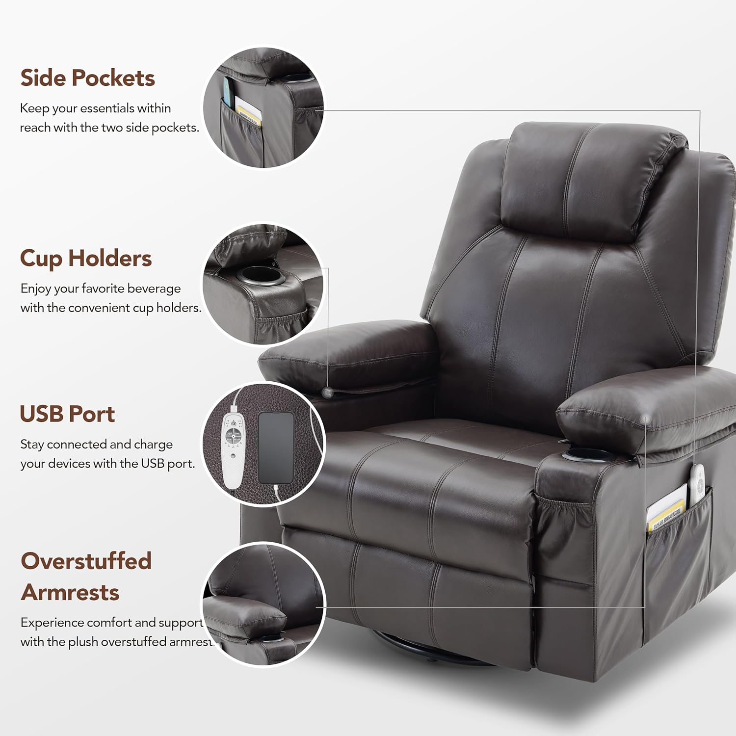 Large Swivel Rocking Recliner with Heating and Massage Function, 360 Degree Swivel Rocking Single Sofa wourant