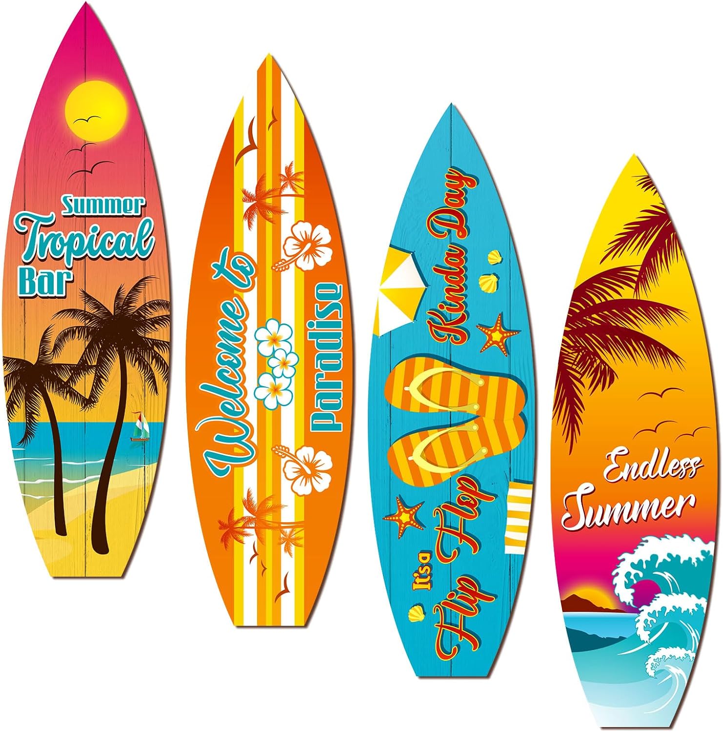 Blulu 4 Pcs Surfboard Wall Decor Surfboard Wall Hanging Sign Wooden Beach Decoration Summer Theme Decor Hawaiian Luau Party Decoration for Home Bar Aloha Tropical Birthday Party(Tiki) wourant
