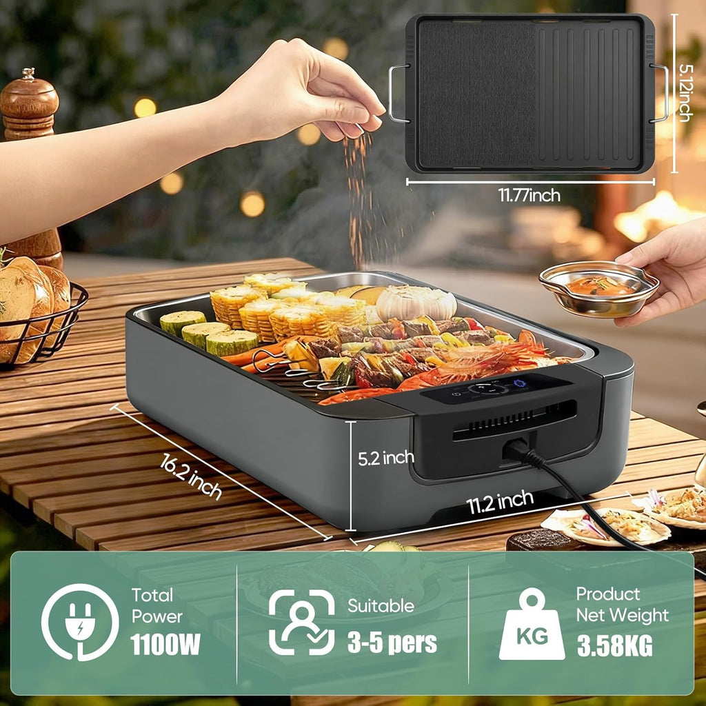 Smokeless Indoor Grill, Electric Indoor Grill for Korean BBQ with Dual-Turbo Smoke Extractor, LED Smart Display & Dual-Zone Nonstick Grill Plates, 6-Level Temp Control, Dishwasher Safe woonhhop