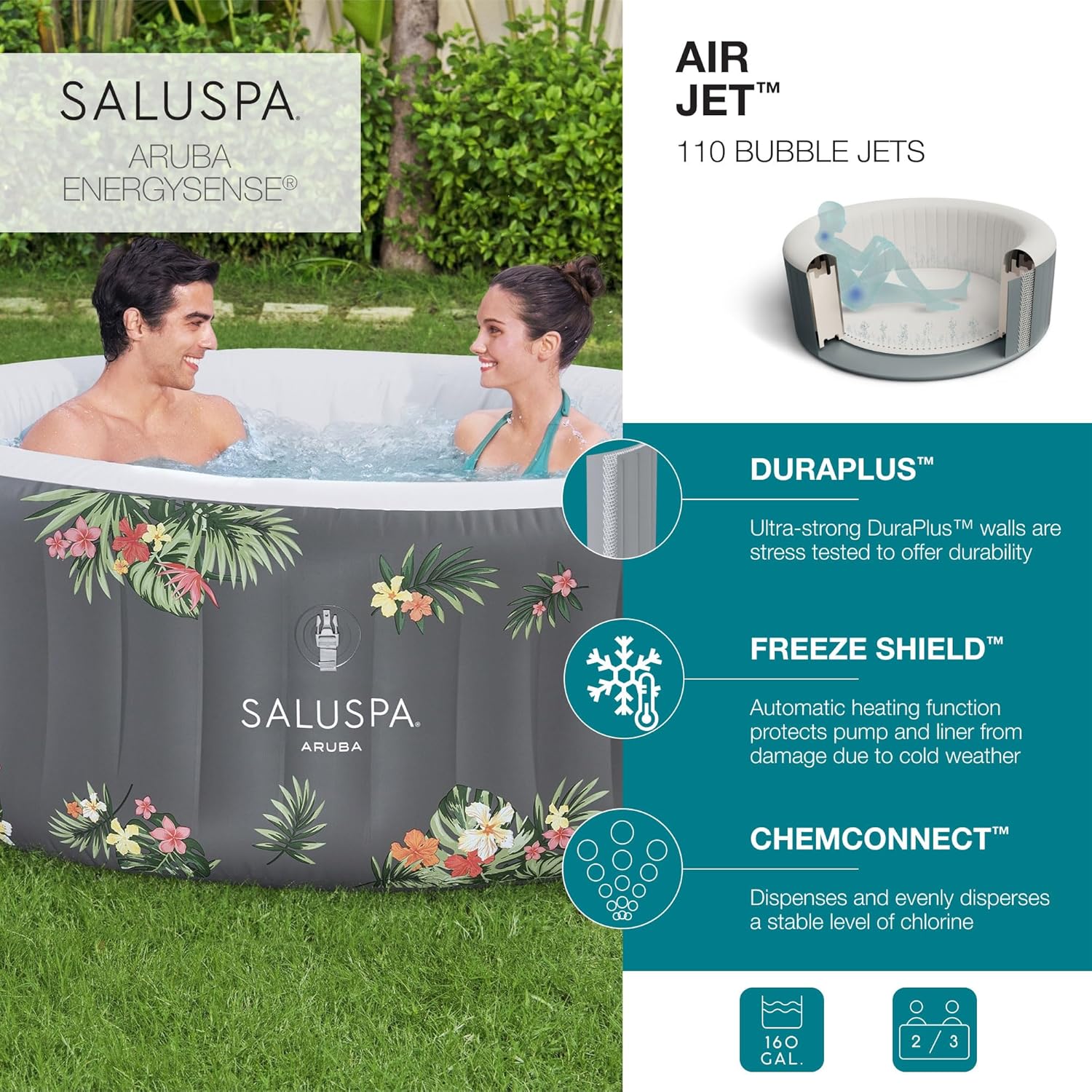 SaluSpa Aruba AirJet Large Round 2 to 3 Person Inflatable Hot Tub Portable Outdoor Spa with 110 AirJets and EnergySense Cover, Grey wourant