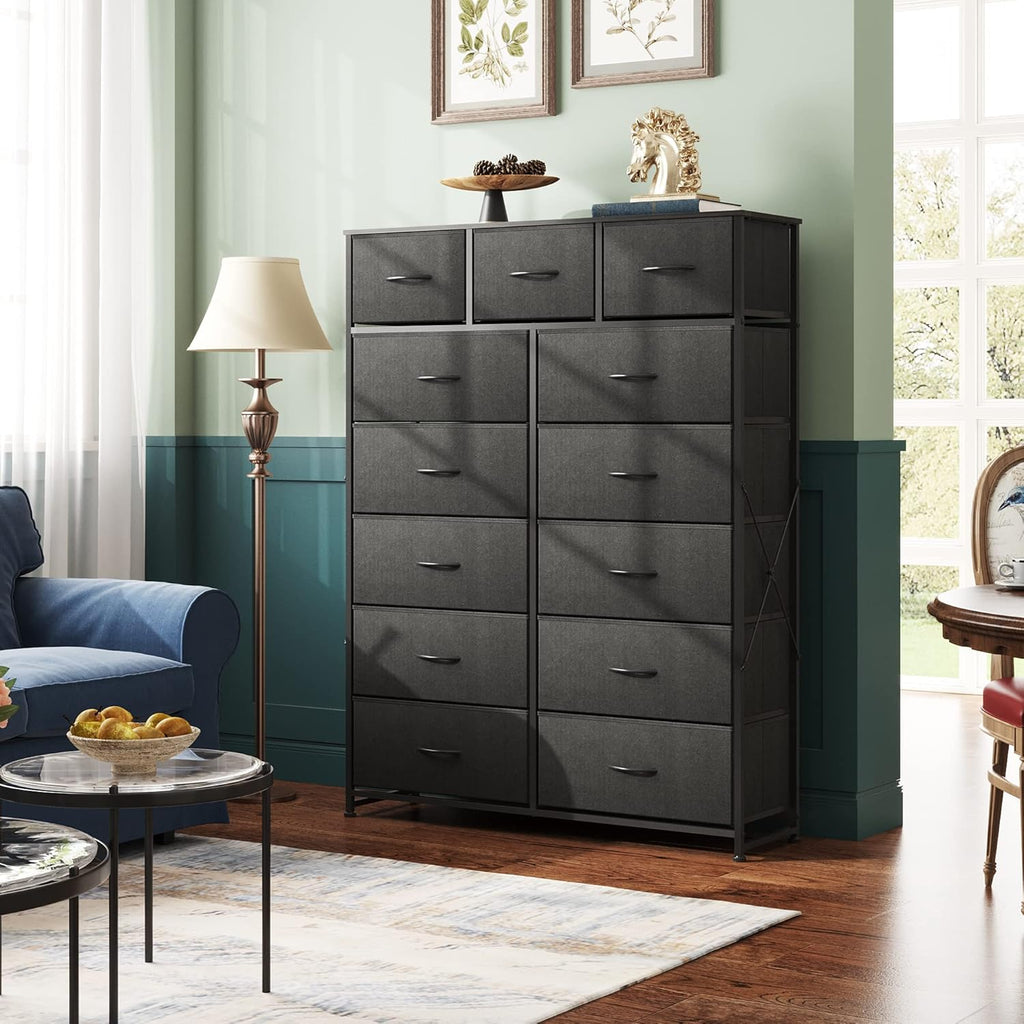 WLIVE Storage Organizer Unit with 13 Fabric Bins, Storage Drawers Organizer with Steel Frame, Tall Storage Tower Organizaton for Living Room, Hallway, Office, Charcoal Black wourant