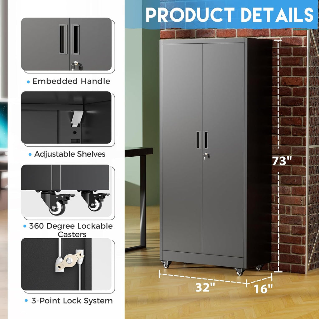 Greenvelly Metal Storage Cabinet, 72" Black Locking Metal Cabinet with 2 Doors and 4 Adjustable Shelves, Lockable Garage Storage Cabinets for Home Office, Garage, Kitchen, Living Room wourant