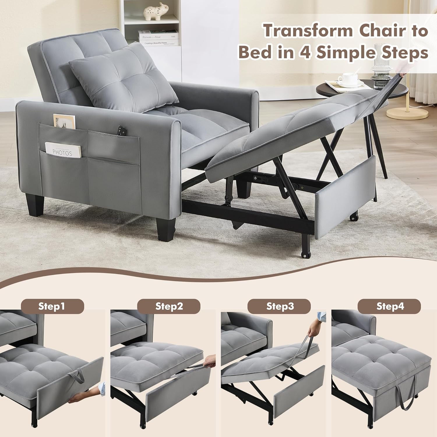 Convertible Sleeper Chair, 3 in 1 Sleeper Chair Bed Pull Out Sofa Bed Chairs, Velvet Single Sofa with Adjustable Backrest wourant
