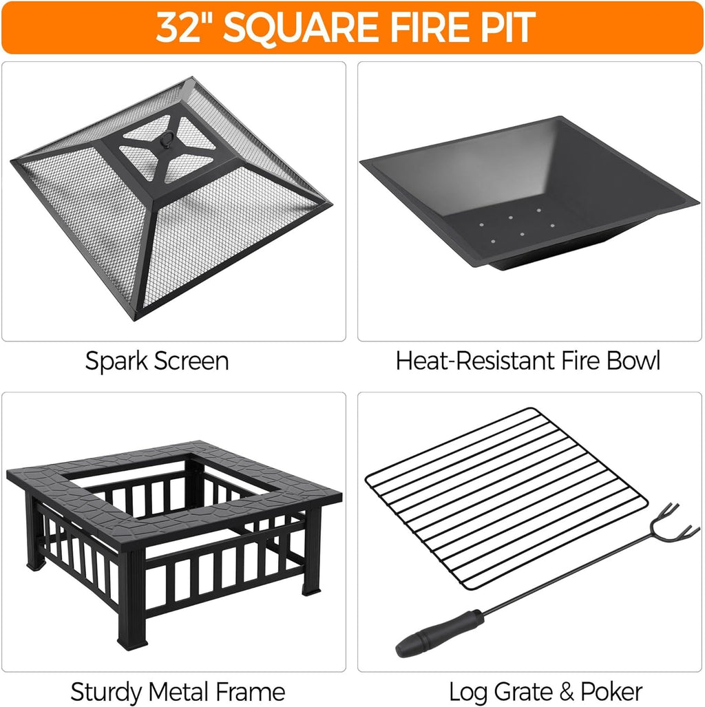 Yaheetech Multifunctional Fire Pit Table 32in Square Metal Firepit Stove Backyard Patio Garden Fireplace for Camping, Outdoor Heating, Bonfire and Picnic wourant