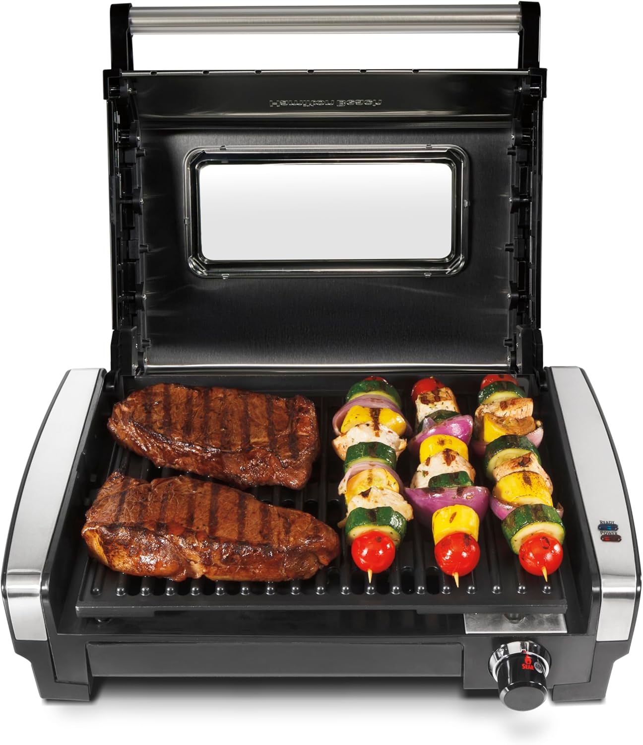 Hamilton Beach Electric Indoor Searing Grill with Viewing Window & Adjustable Temperature Control to 450F, 118 sq. in. Surface Serves 6, PFAS-Free Removable Nonstick Grate, Stainless Steel woonhhop