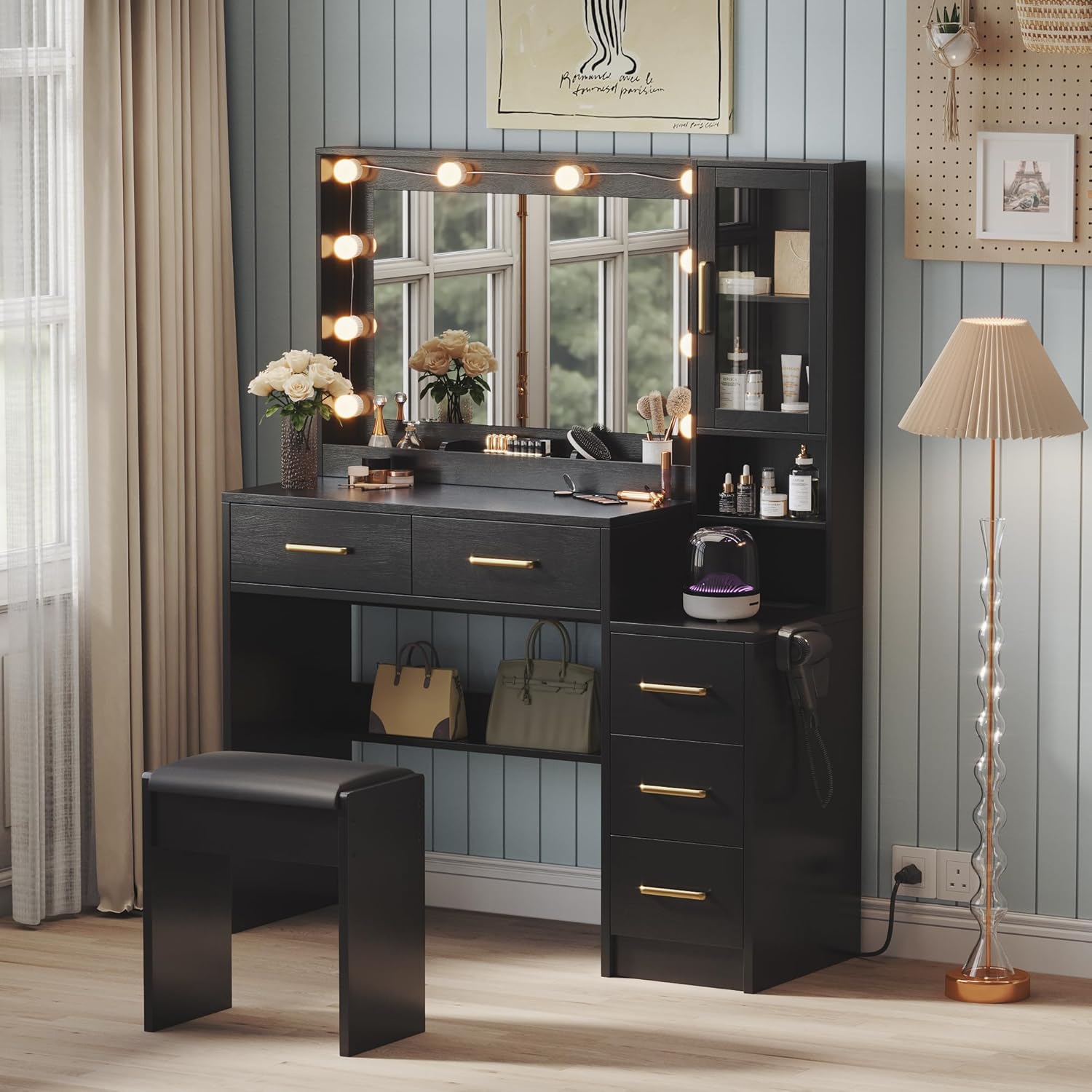 Black Vanity Desk with Mirror, Lights & Charging Station, 58.3" 3 Lighting Modes wourant