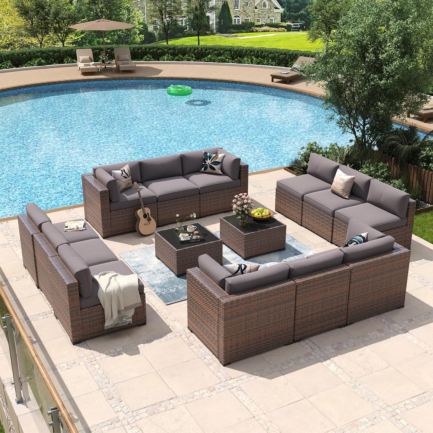Aoxun 8 Piece Patio Furniture Set with 44?Fire Pit Table Wicker Rattan Outdoor Sectional Sofa Set with Coffee Table and Thickened Cushions, Beige (Waterproof Cover Included) woonhhop