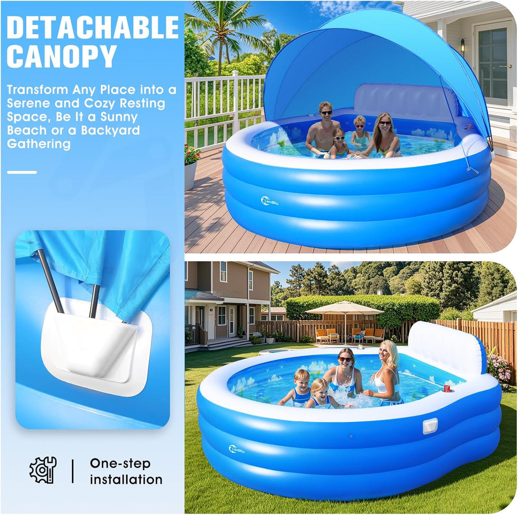 2025 Upgraded Inflatable Pool with Canopy, Inflatable Family Lounge Pool, Round Blow Up Pool for Adult with Bench & Backrest, Swim Center Easy Backyard Pools for Kids & Adults, 92"x92"x26", Blue wourant