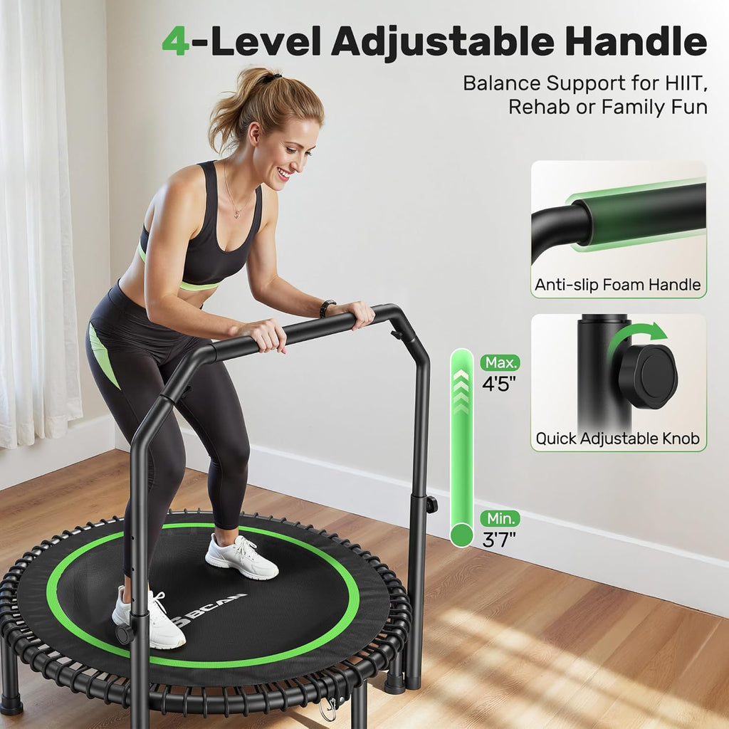 BCAN 450/550 LBS Foldable Mini Trampoline, 40"/48" Fitness Trampoline with Bungees, U Shape Adjustable Foam Handle, Stable & Quiet Exercise Rebounder for Adults Indoor/Outdoor Workout wourant