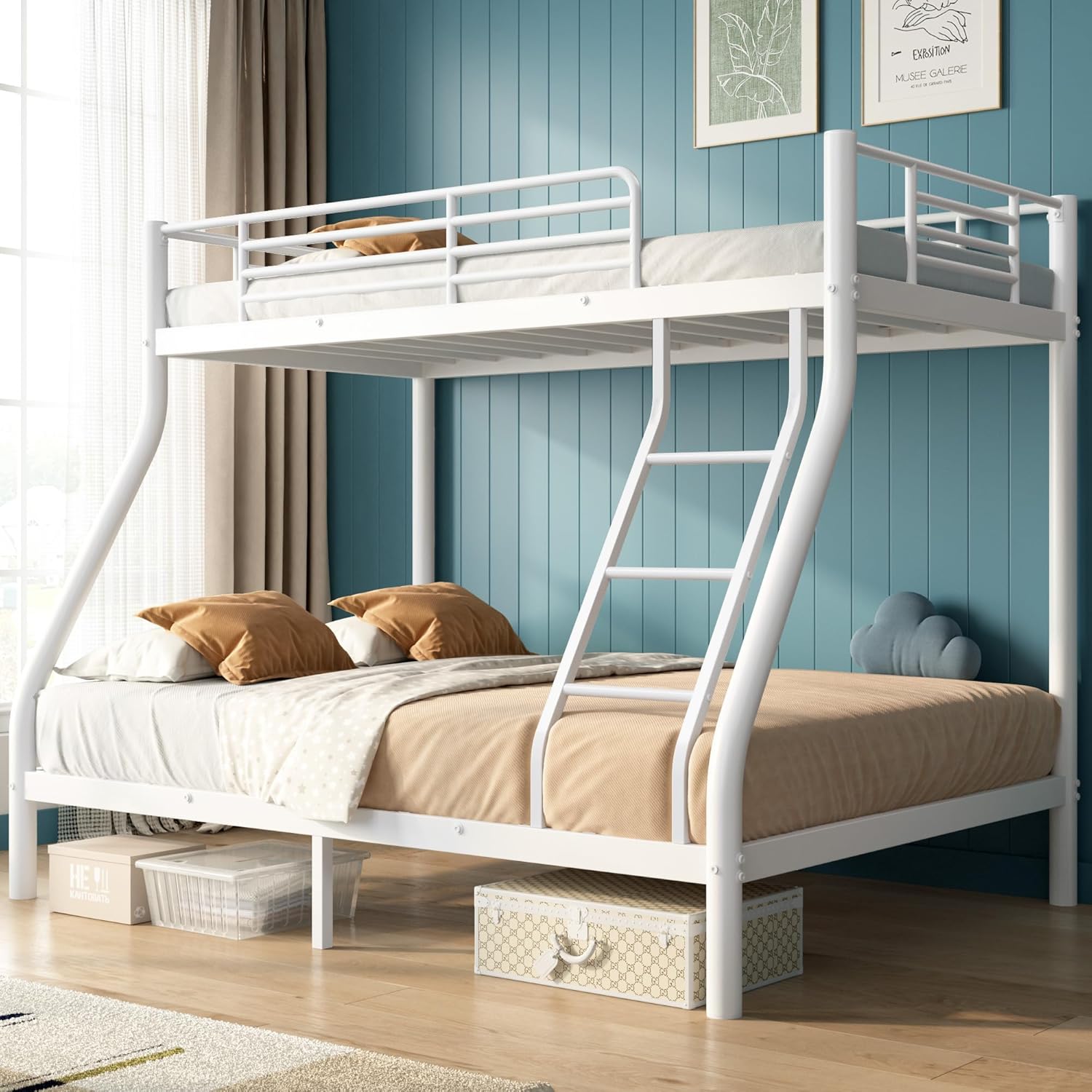 Cyranture Bunk Beds Twin Over Full Size Heavy Duty Bunk Beds Guardrail Metal Bunk Bed Frame wourant