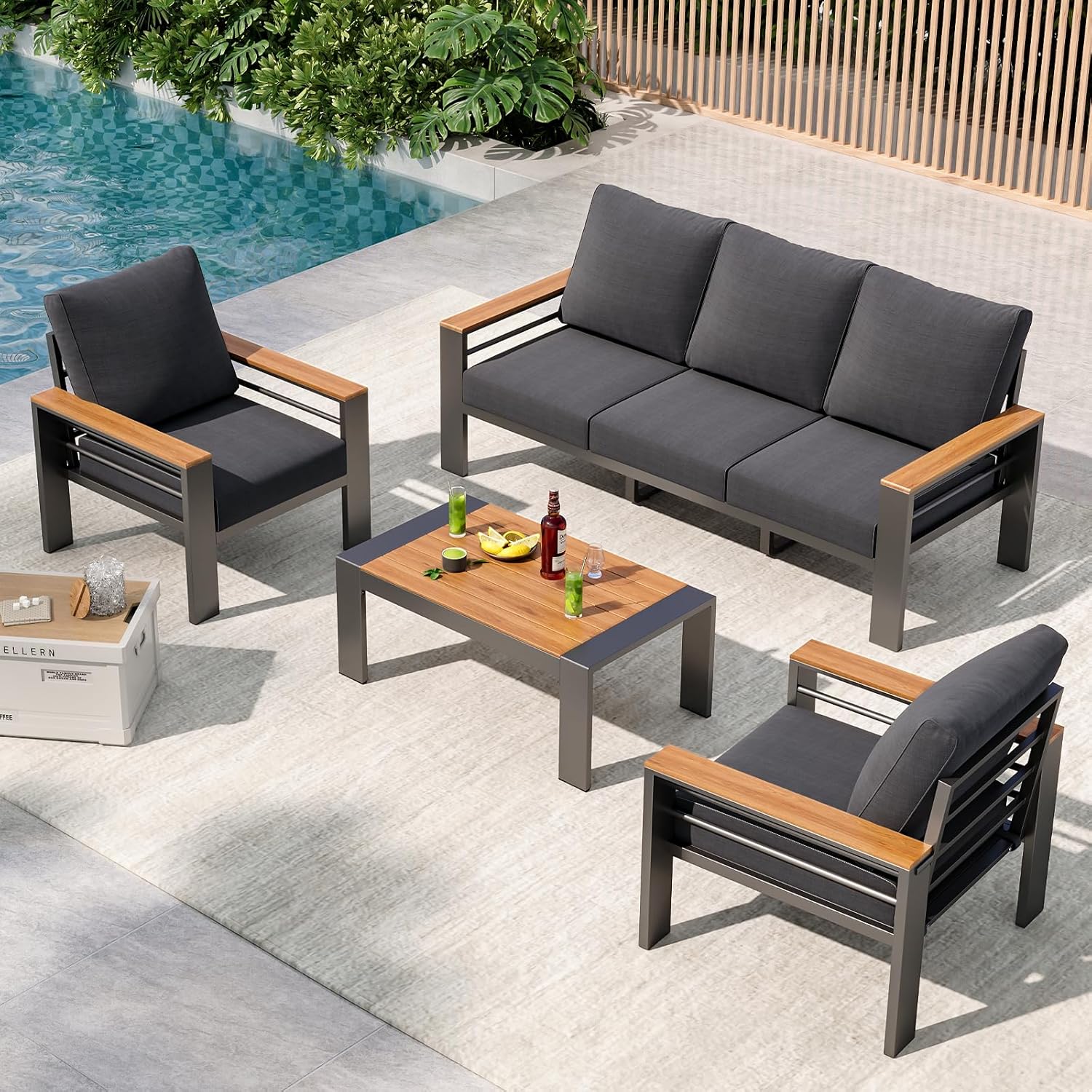 Aoxun Aluminum Outdoor Patio Furniture Set, 5 Seats Outdoor Sectional with Coffee Table, Patio Conversation Sets with Upgraded Armrests and Cushions for Backyard, Garden and Poolside woonhhop