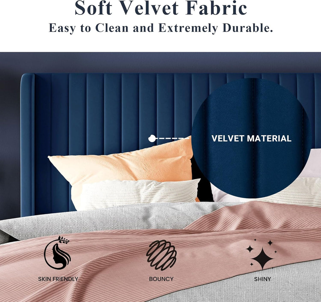 Allewie Full Size Velvet Bed Frame Vertical Channel Tufted Wingback Headboard Upholstered Bed wourant