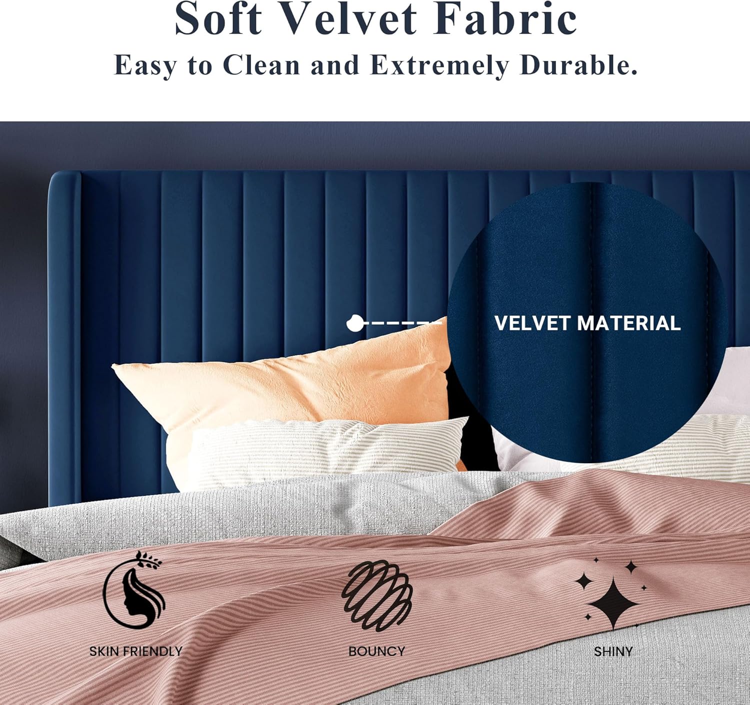 Allewie Full Size Velvet Bed Frame Vertical Channel Tufted Wingback Headboard Upholstered Bed wourant
