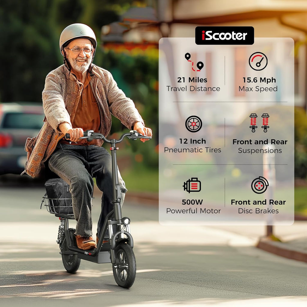 iScooter electric scooter with seat, 37/21 mile range, 28/19/15.6 mph top speed, dual suspension scooter with basket wourant