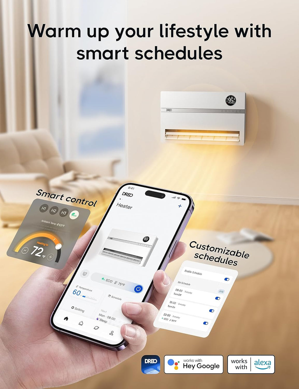 Smart wall mounted heater, bedroom electric heater, 1500W adjustable thermostat 24-hour timer easy to install indoor heater wourant