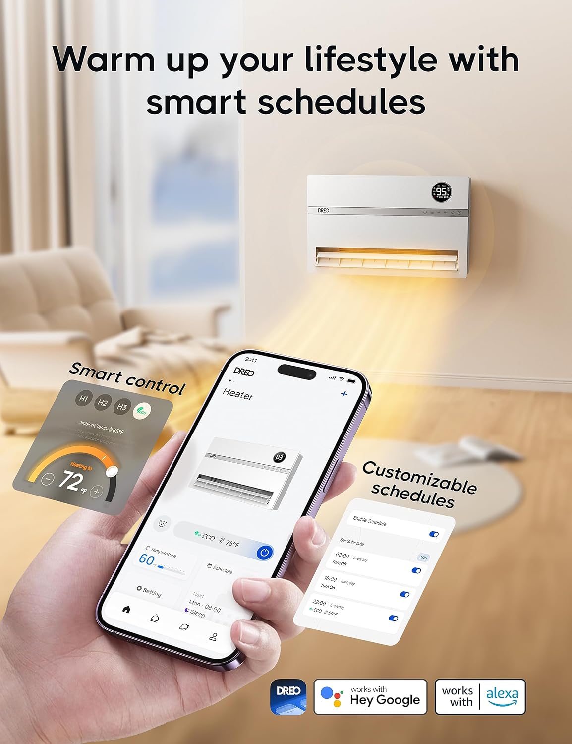 Smart wall mounted heater, bedroom electric heater, 1500W adjustable thermostat 24-hour timer easy to install indoor heater wourant