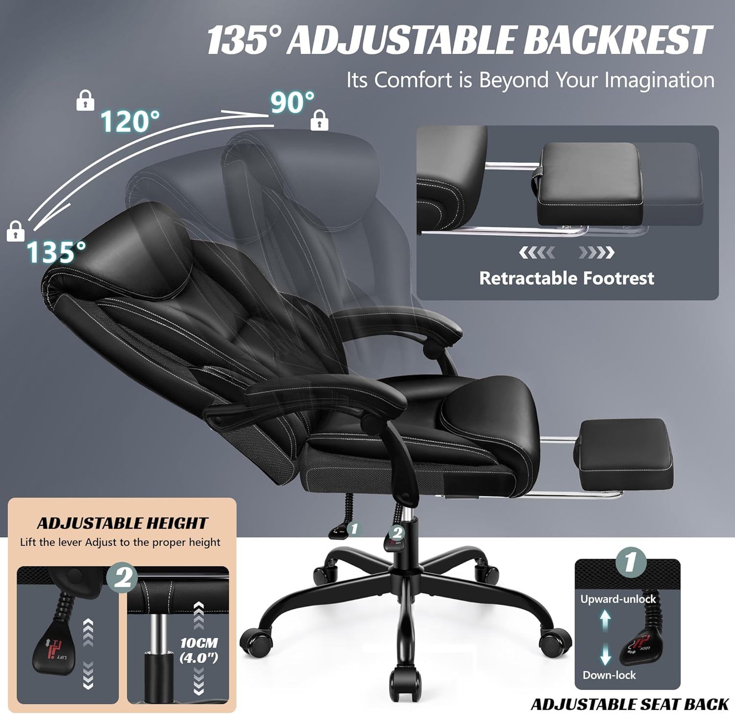 Office Chair Large High-Foot Computer Desk Chair, Breathable Leather Chair Lumbar Support Rotating Computer Chair wourant