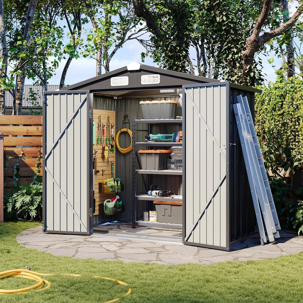 Aoxun 6.2x4 FT Shed Outdoor Storage Shed with Lockable Doors Sloping Roof Metal Garden wourant