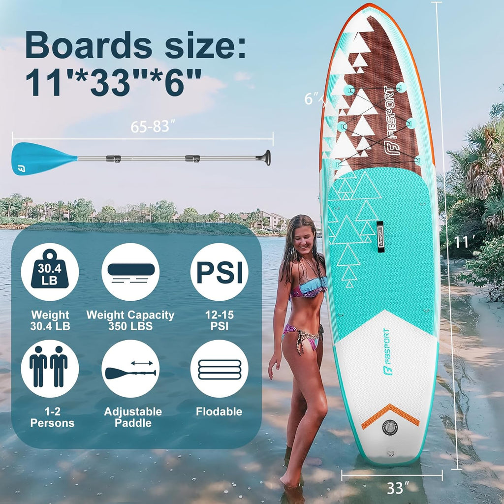 FBSPORT 11' Premium Stand Up Paddle Board, Yoga Board with Durable SUP Accessories & Carry Bag | Wide Stance, Surf Control, Non-Slip Deck, Leash, Paddle and Pump for Youth & Adult wourant