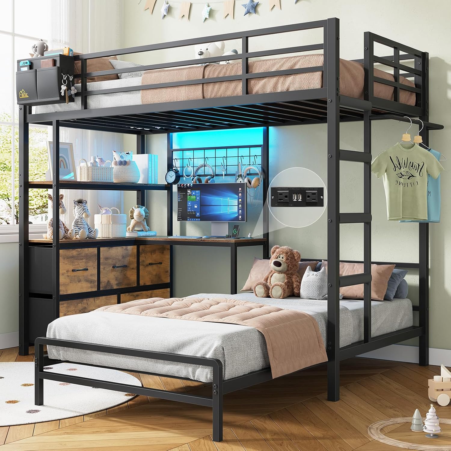 DICTAC Bunk Bed with L-Shaped Desk 5 Storage Drawers and 2 Shelves Metal Twin XL wourant