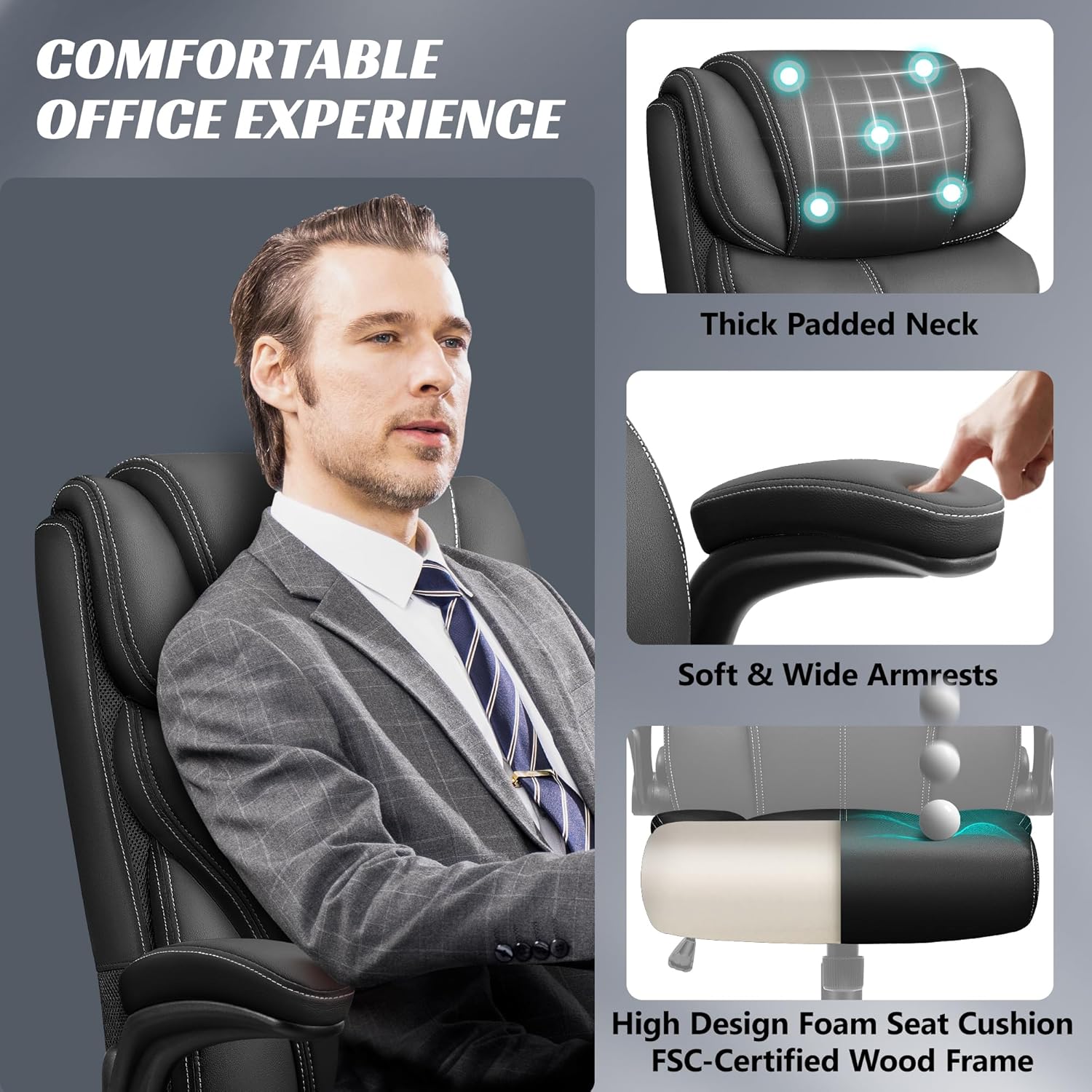 Office Chair Large High-Foot Computer Desk Chair, Breathable Leather Chair Lumbar Support Rotating Computer Chair wourant