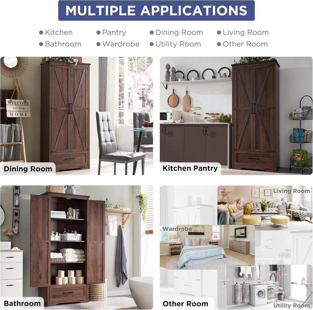 JXQTLINGMU Farmhouse Kitchen Pantry - 72" Tall Wood Kitchen Storage Cabinet with Adjustable Shelves and 2 Barn-Style Doors and Drawers wourant