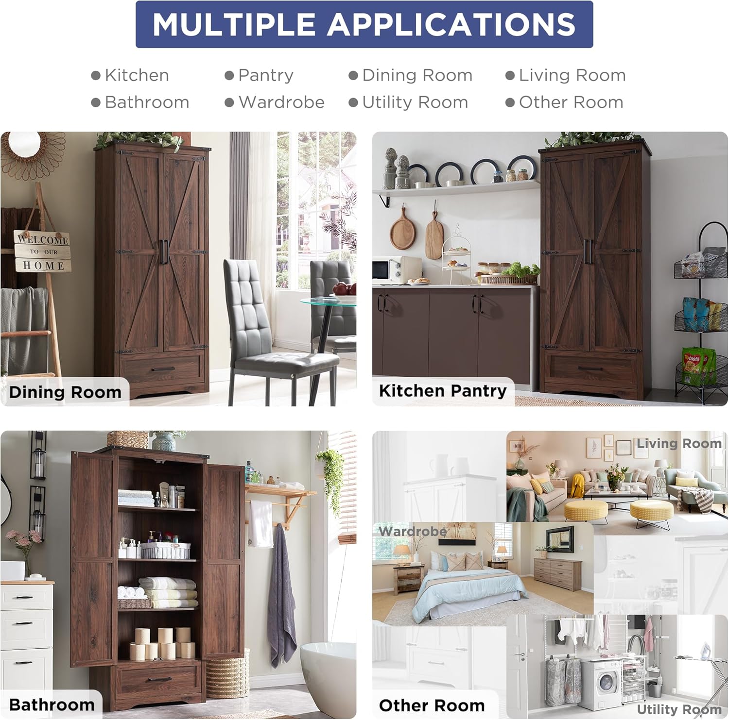 JXQTLINGMU Farmhouse Kitchen Pantry - 72" Tall Wood Kitchen Storage Cabinet with Adjustable Shelves and 2 Barn-Style Doors and Drawers wourant