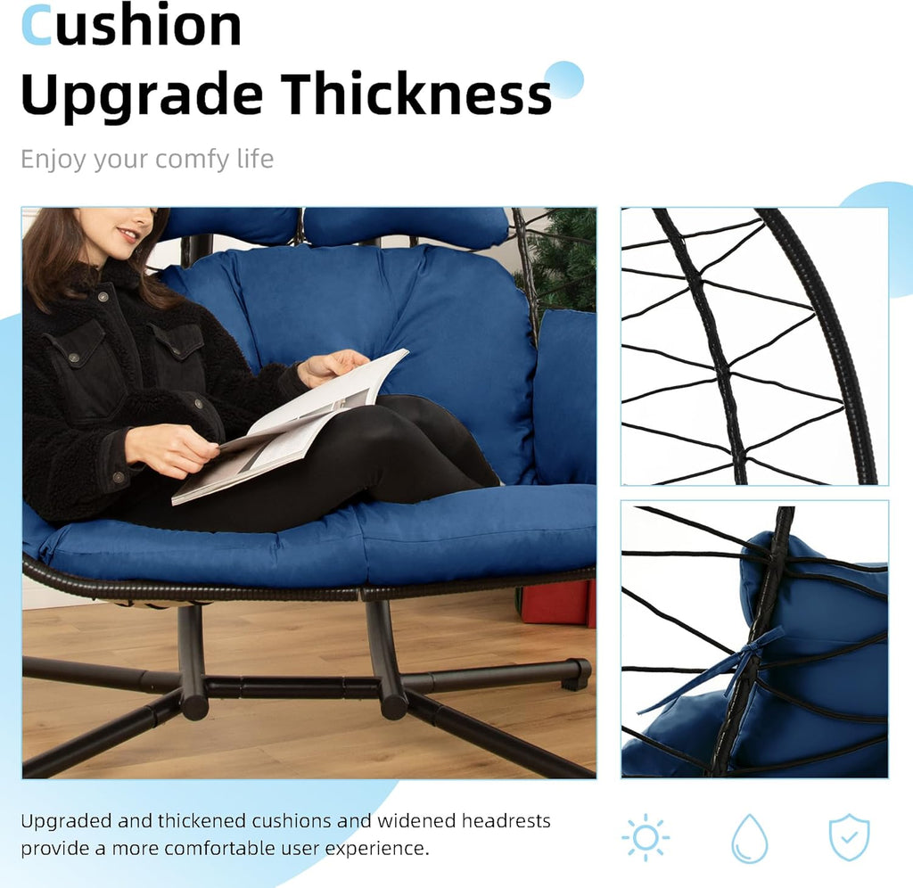 Double Egg Chair Hammock Swing Chair Foldable Hanging Loveseat UV Resistant Cushions wourant