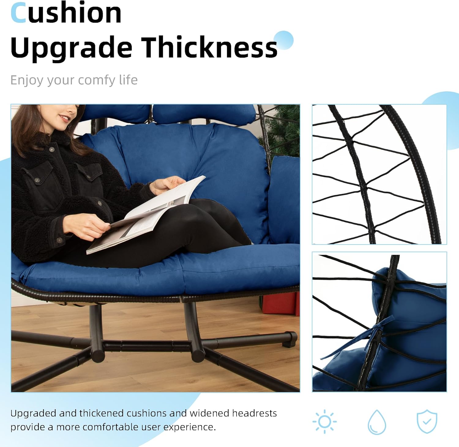 Double Egg Chair Hammock Swing Chair Foldable Hanging Loveseat UV Resistant Cushions wourant