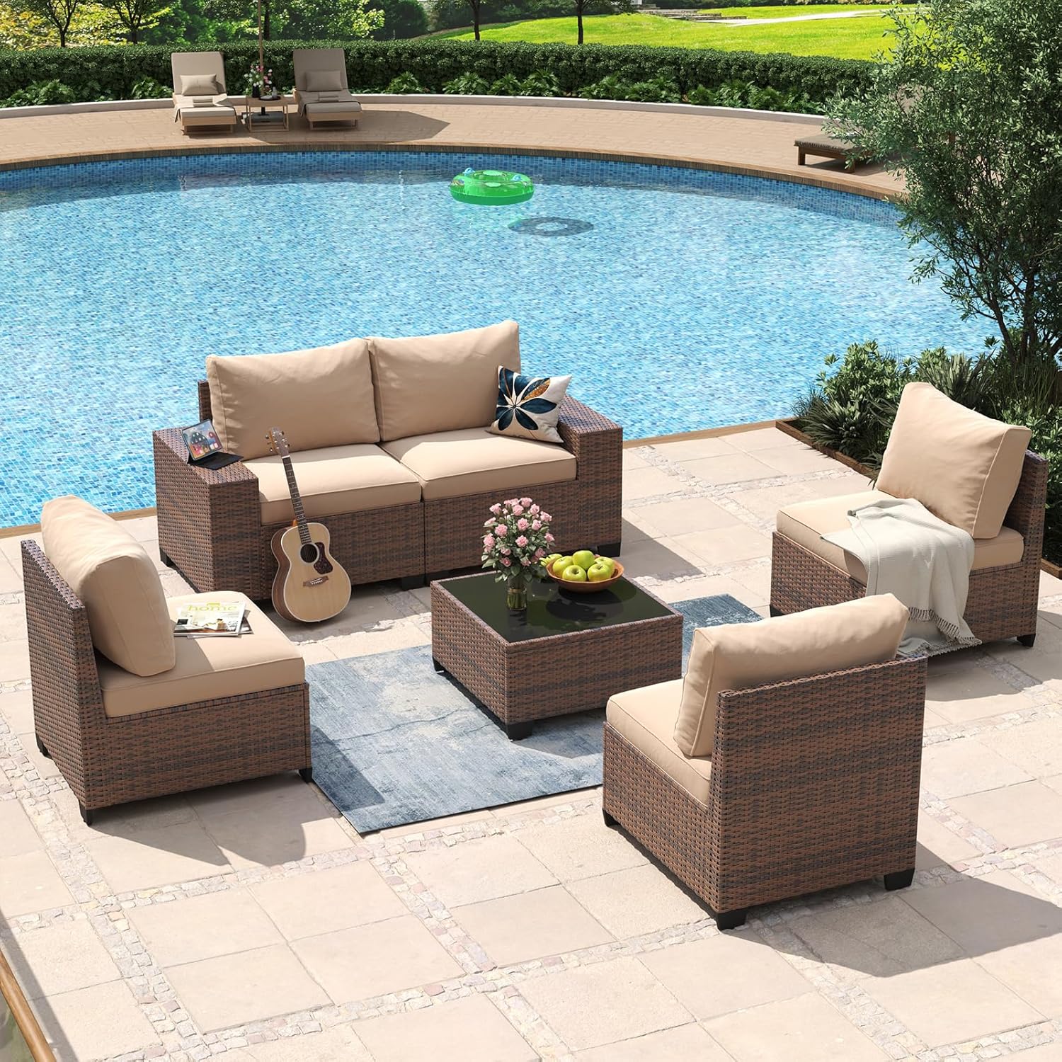 Aoxun 8 Piece Patio Furniture Set with 44?Fire Pit Table Wicker Rattan Outdoor Sectional Sofa Set with Coffee Table and Thickened Cushions, Beige (Waterproof Cover Included) woonhhop