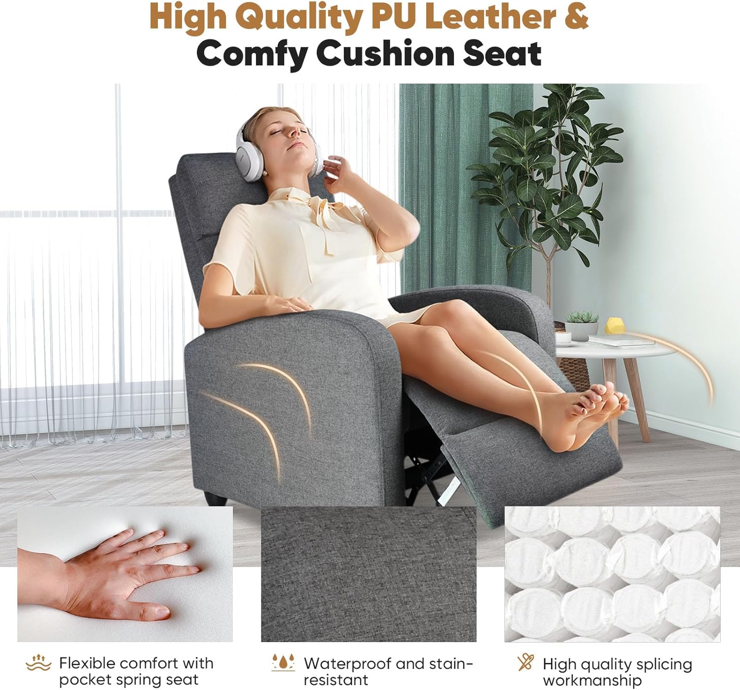 DUMOS Recliner Chair for Adults, Massage Reclining Chair for Living Room, Adjustable Home Theater Seating Single Sofa with Padded Seat Backrest and Footrest, Linen, Grey wourant