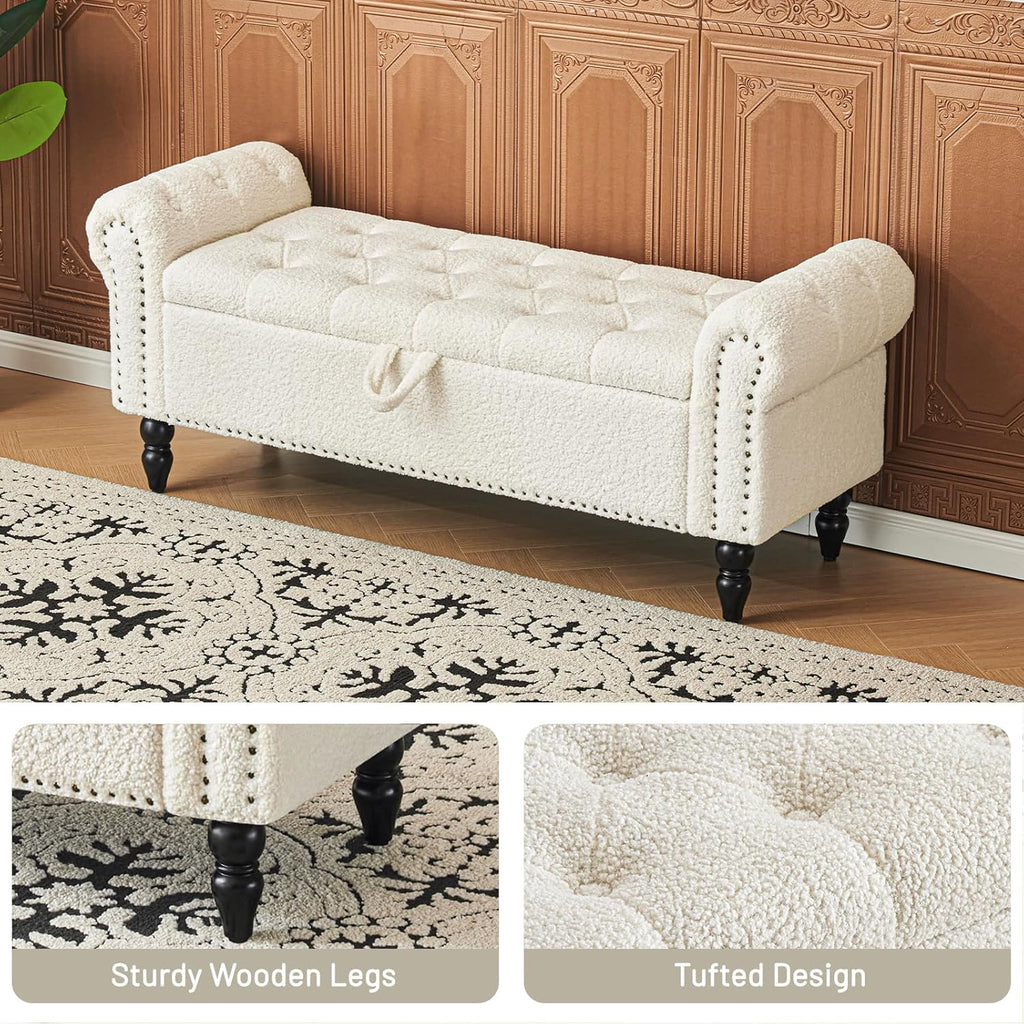 Furniliving Modern Storage Ottoman Bench, Sherpa Ottoman End of Bed Bench with Solid Wood Legs Upholstered Ottoman Benches with Storage Indoor Bench wourant