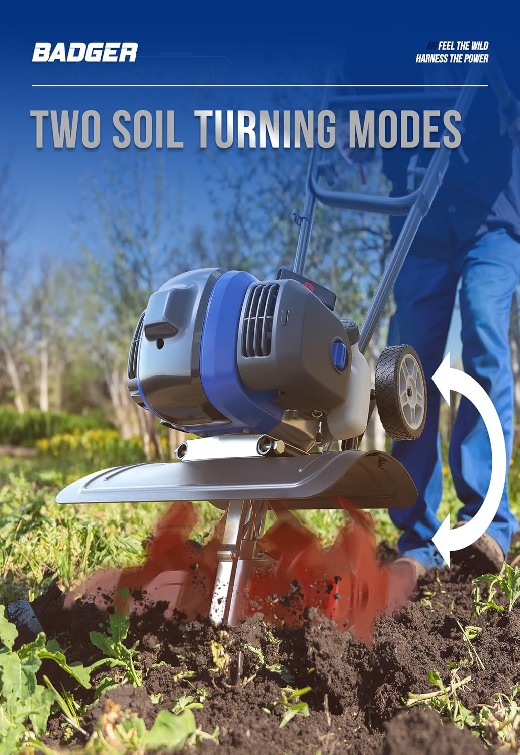 Garden Tiller 53cc Mini Cultivator 15 inch Powerful Liftable Booster Rod Tilling Tool for Lawn, Garden and Field Soil Cultivation wourant