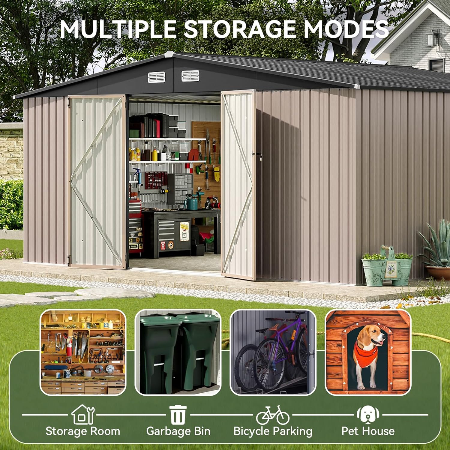 Aoxun 12x10 FT Shed Metal Outdoor Waterproof Storage Shed Steel Utility Garden Tool Shed with Door & Lock Outdoor Storage for Garden Patio Lawn Poolside, Brown wourant