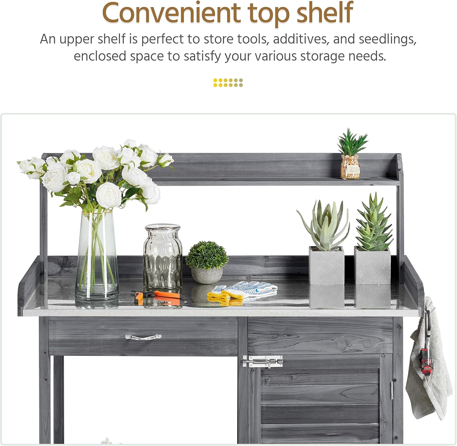Yaheetech Outdoor Garden Potting Bench Table Work Bench Metal Tabletop W/Cabinet Drawer Open Shelf Natural Wood wourant