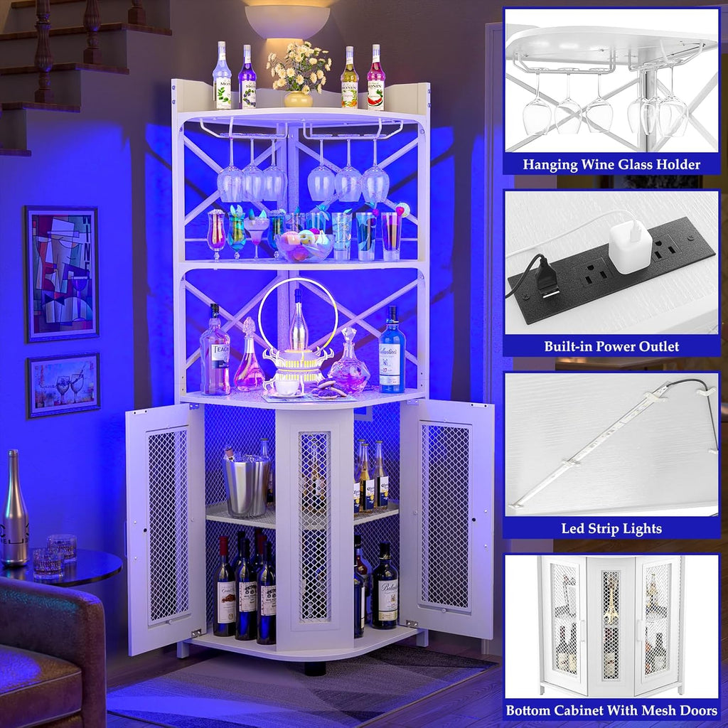 Corner bar cabinet with power socket, industrial style wine cabinet with LED light strip and glass rack, home five-layer wine cabinet bar unit, small space corner display cabinet wourant