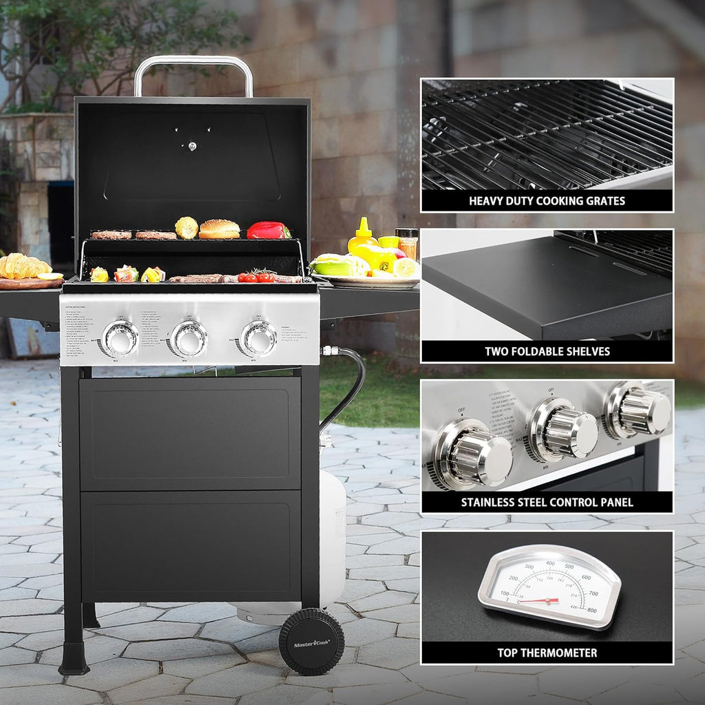 3 Burner BBQ Propane Gas Grill, Stainless Steel 30,000 BTU Patio Garden Barbecue Grill with Two Foldable Shelves wourant