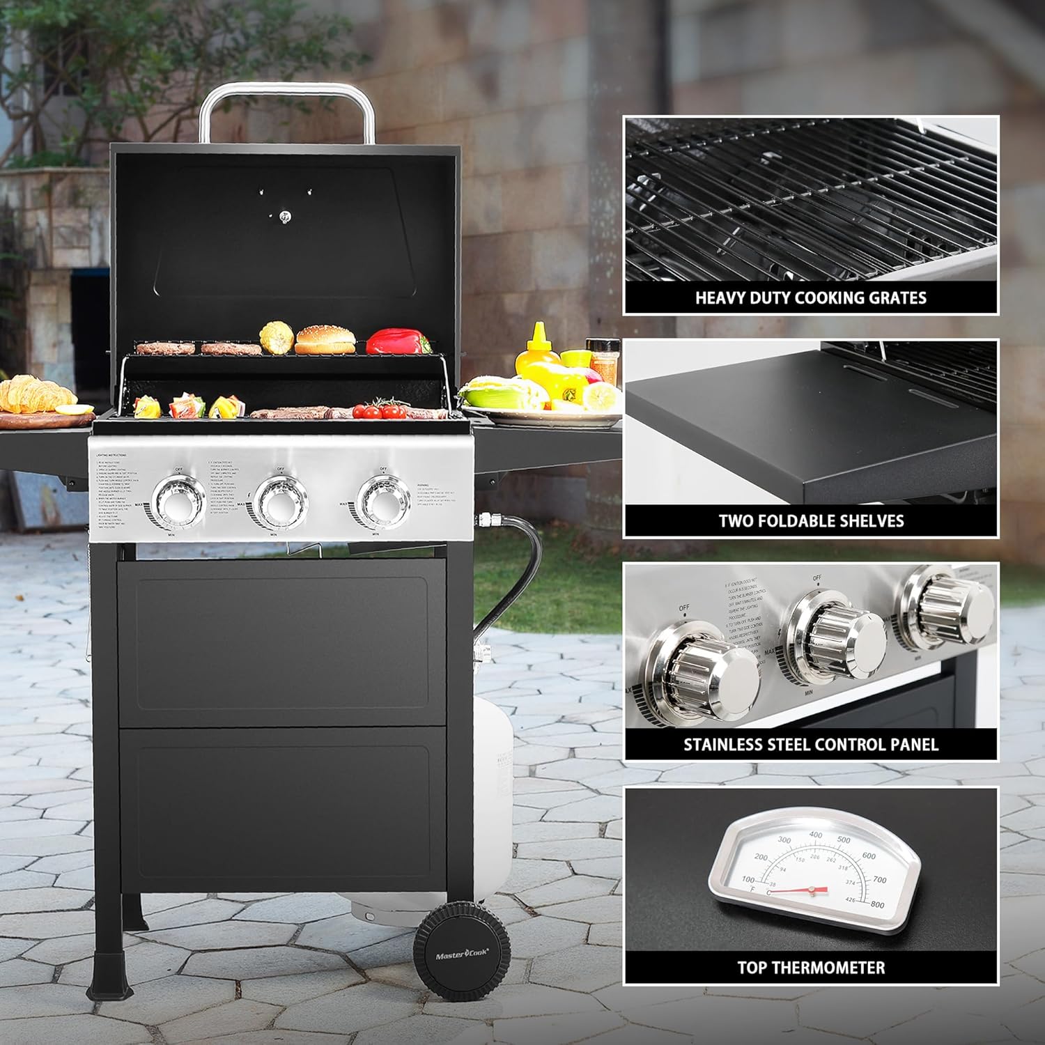 3 Burner BBQ Propane Gas Grill, Stainless Steel 30,000 BTU Patio Garden Barbecue Grill with Two Foldable Shelves wourant