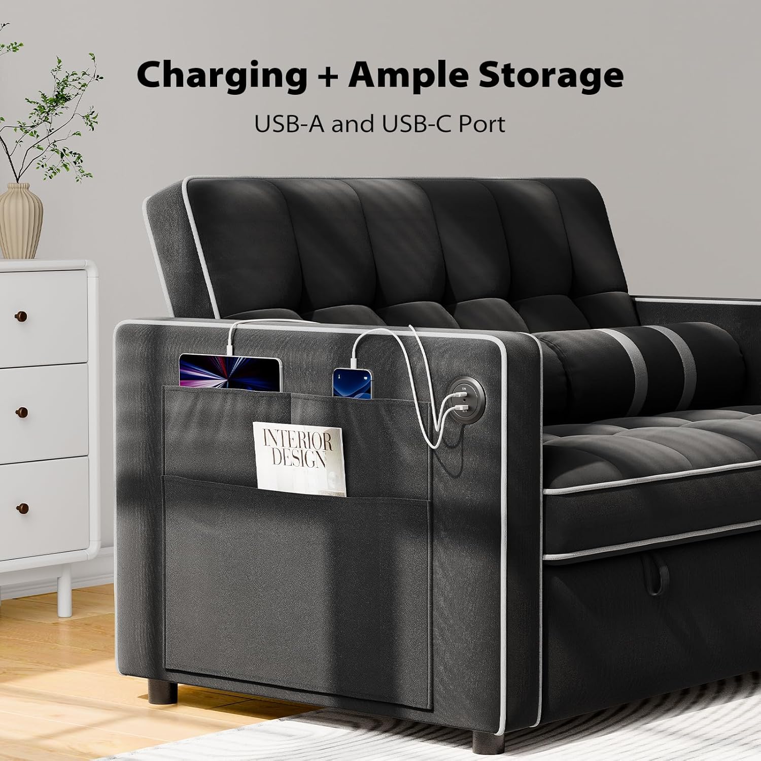 Pipishell 3 in 1 Convertible Sleeper Sofa Bed,Pull Out Couch for Living Room with USB Ports & Side Pockets,Adjustable Backrest,Velvet,Loveseat Sofa Bed,Futon Couches,Black wourant