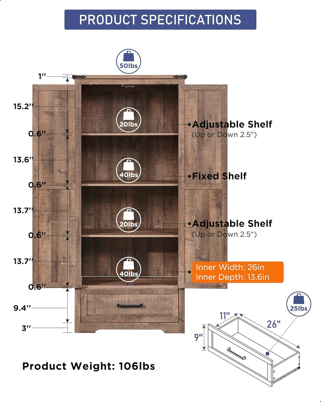 JXQTLINGMU Farmhouse Kitchen Pantry - 72" Tall Wood Kitchen Storage Cabinet with Adjustable Shelves and 2 Barn-Style Doors and Drawers wourant