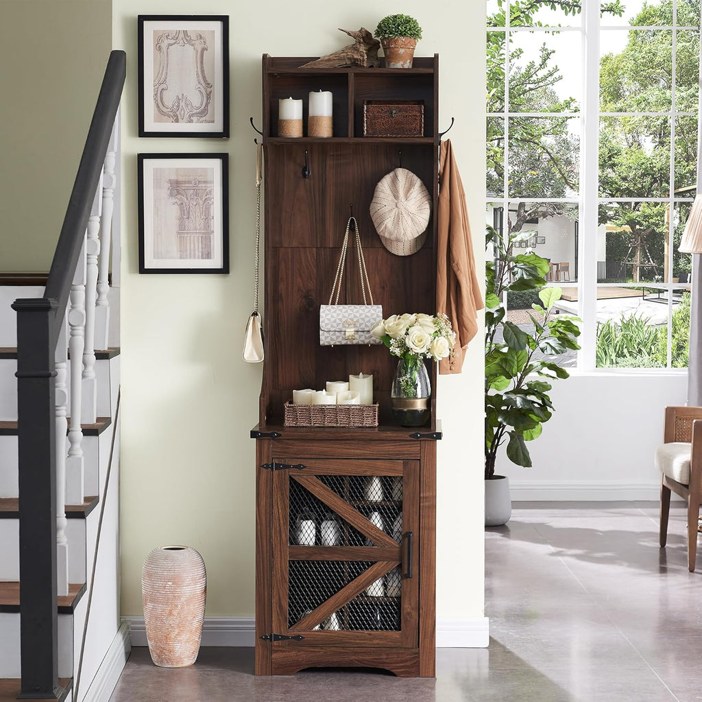 JXQTLINGMU 59" Farmhouse Hall Tree with Shoe Storage, Entryway Bench with 20 Cubbies, 12 Hooks & Sliding Barn Doors, Mudroom Coat Rack Cabinet, Off White wourant