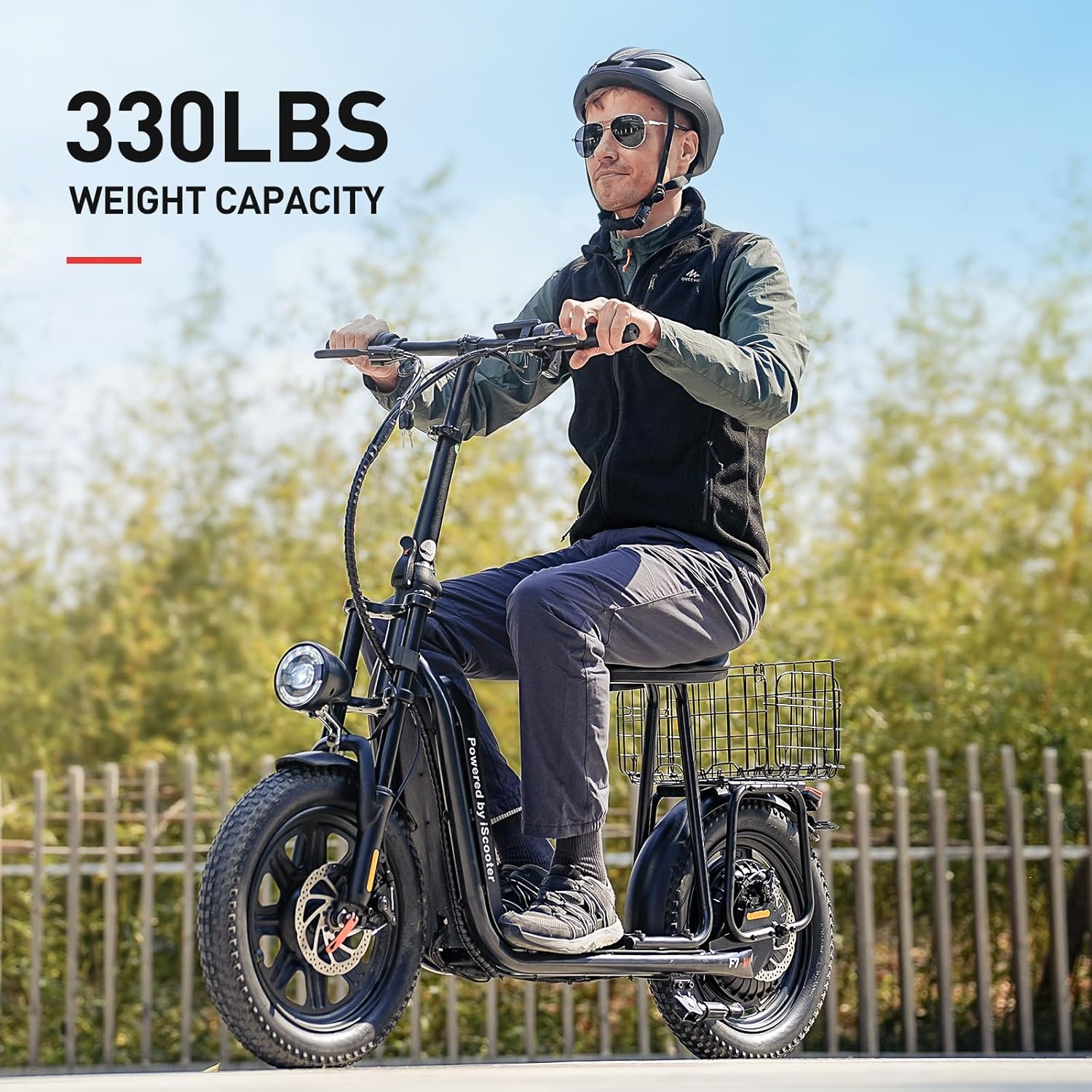 iScooter electric scooter with seat, 37/21 mile range, 28/19/15.6 mph top speed, dual suspension scooter with basket wourant