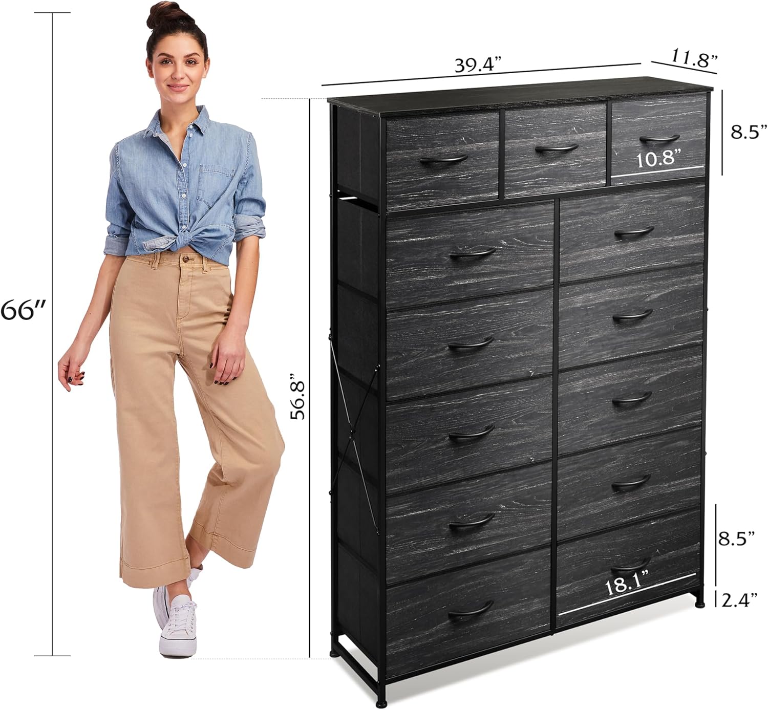 WLIVE Storage Organizer Unit with 13 Fabric Bins, Storage Drawers Organizer with Steel Frame, Tall Storage Tower Organizaton for Living Room, Hallway, Office, Charcoal Black wourant