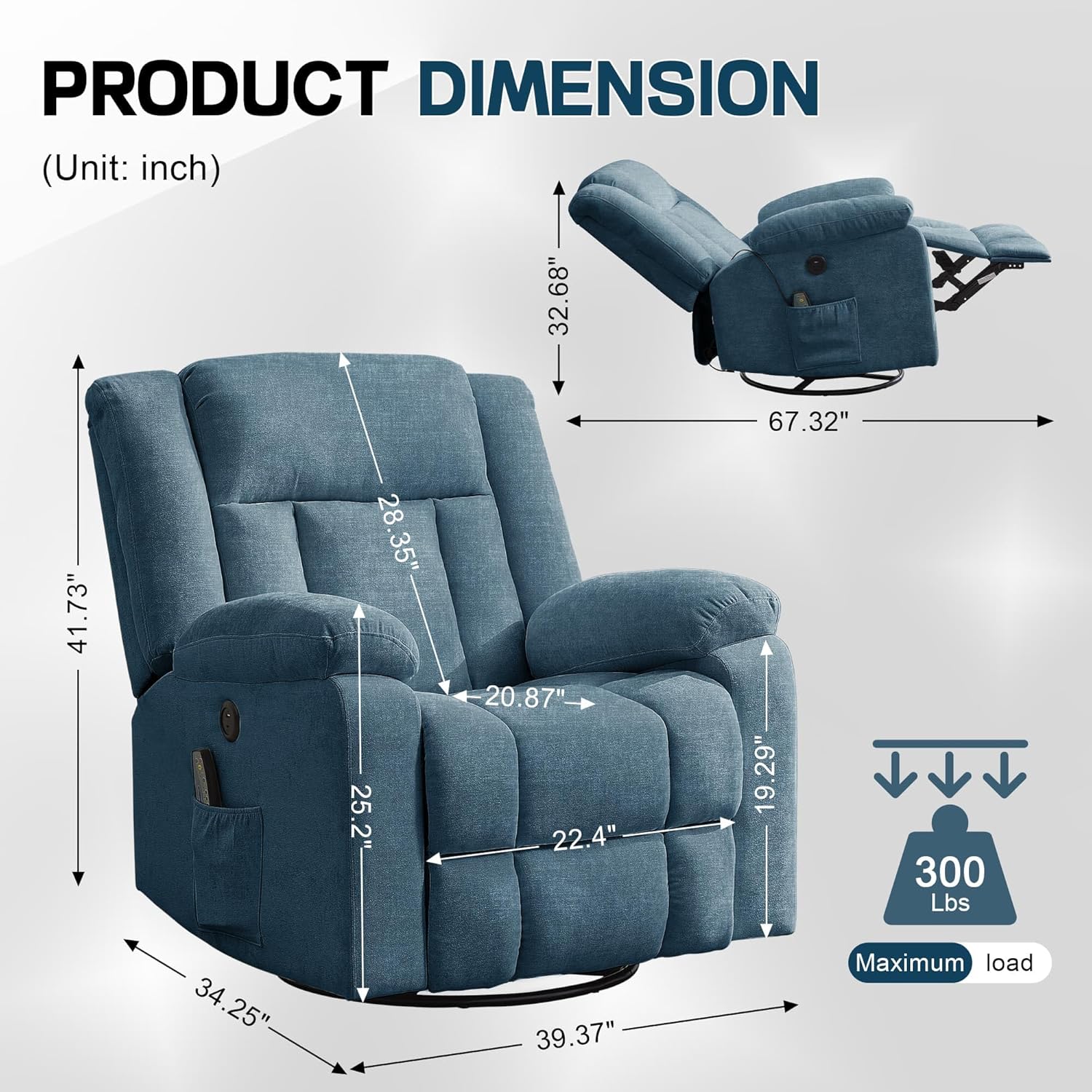 Rocker Recliner, Glider Recliner Chairs for Adults, 360° Swivel Rocking Chair with Massage and Heating, Nursery Chair with Storage and USB Charging for Living Room, Bedroom, Nursery wourant