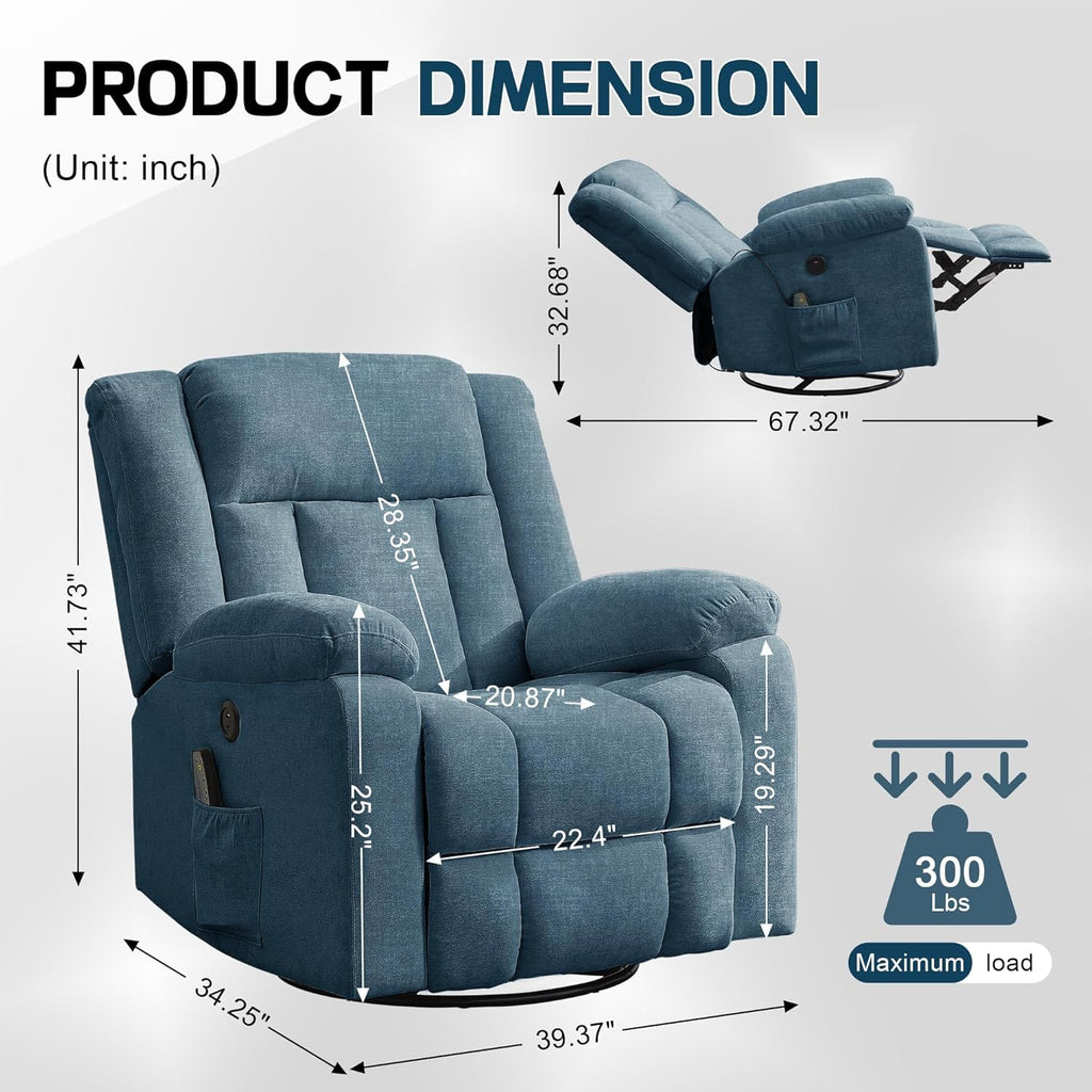 Adult rocking chair, gliding recliner, 360° rotating rocking chair with massage and heating function wourant