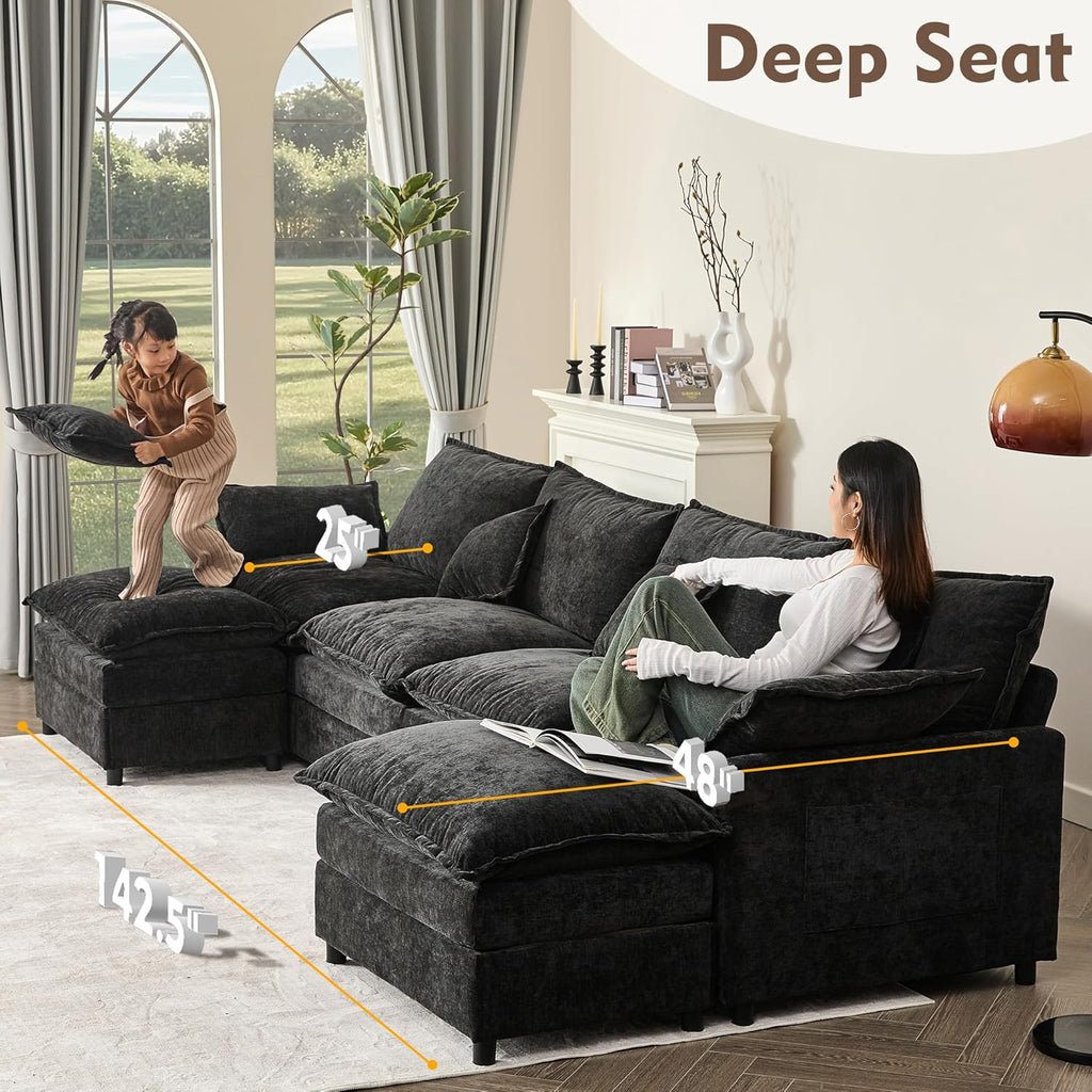 108 Inch U Shape Sofa Sectional Sofa Comfortable Cloud Sofa with Removable Footstool wourant